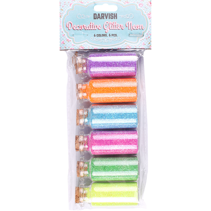 Декоративные блёстки Darvish 'Неон' 6 цв, 6 шт, стеклян. колбы, европодвес, DV-11777