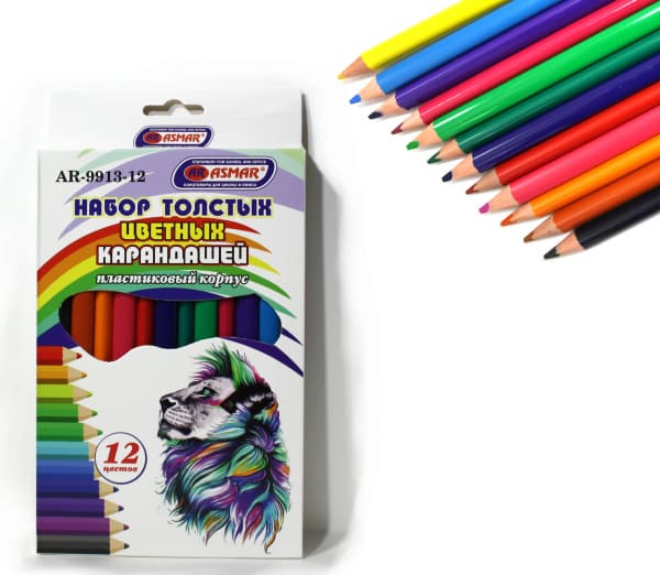 Карандаши 12 цв. толстый трехгранный корпус, заточен, картон. уп, AR-9913-12