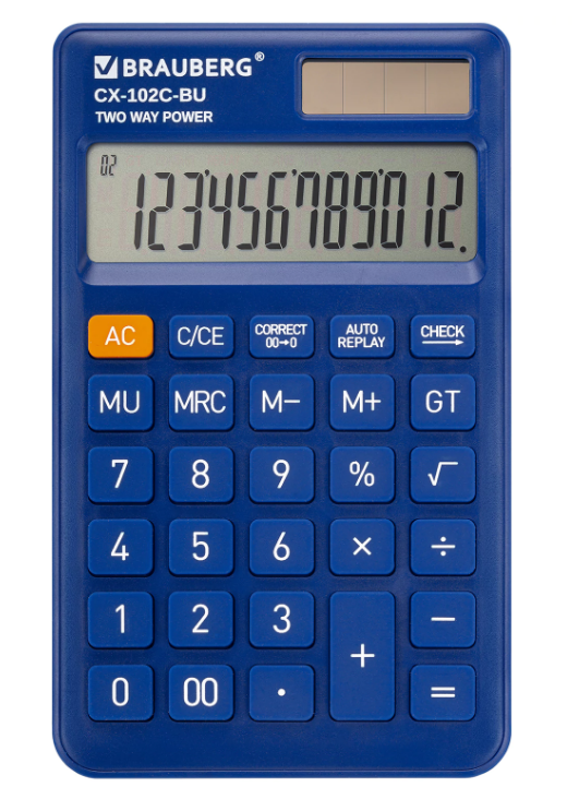 Калькулятор карманный BRAUBERG CX-102C-BU (76x126 мм), 12 разрядов, двойное питание, СИНИЙ, 272648