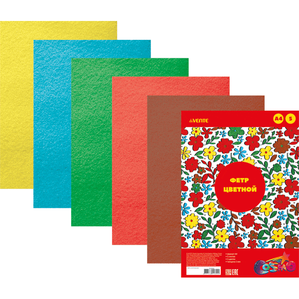 Фетр цветной А4 DeVente 5 л., 5 цв., 1 мм.,'Яркие цвета'  8040682