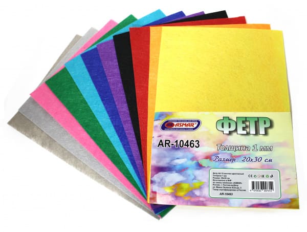 Фетр А4 однотонный 10 листов, 10 цветов, 1 мм, AR-10463