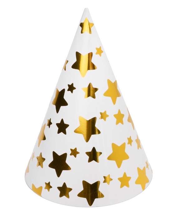 Колпаки, Звезды Микс, Белый/Золото, Металлик, 16 см, 6 шт. в упак, 6231749н-й