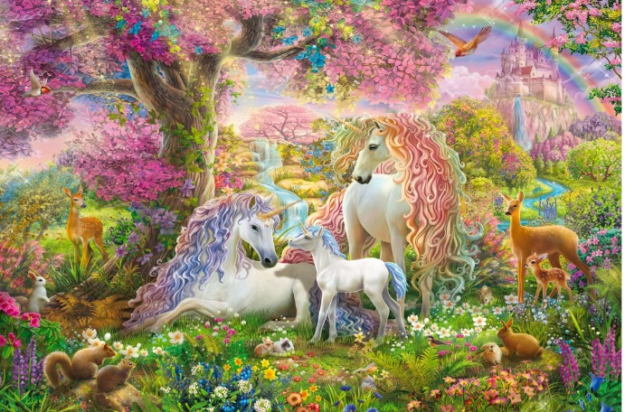 Картина по номерам на холсте 40х50 см, Семья единорогов в сказачном лесу, 20 цветов, ХК-0928