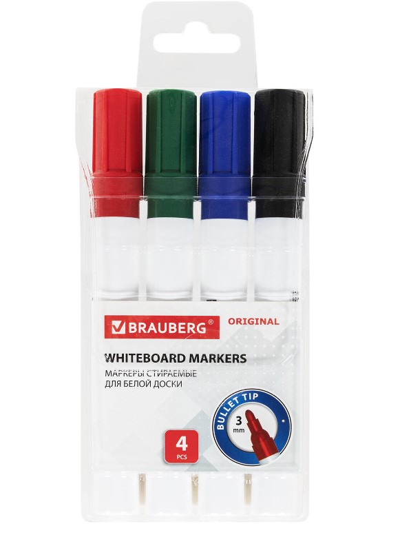 Маркер для белой доски Brauberg 'Original' набор 4 цв, 3 мм, 152120