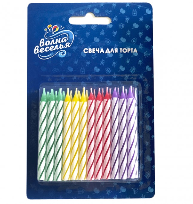 Свечи Яркие полоски, Ассорти, 5,5 см, (24 шт;уп), с держателем, 802700