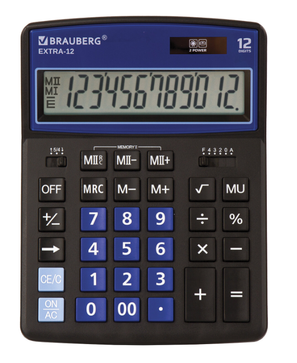Калькулятор настольный BRAUBERG EXTRA-12-BKBU (206x155 мм), 12 разрядов, ЧЕРНО-СИНИЙ, 250472