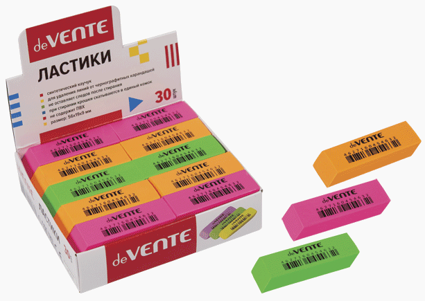 Ластик 'deVENTE. Neon' синтетический каучук, прямоугольный скошенный цветной, 56x19x9 мм, 4070910