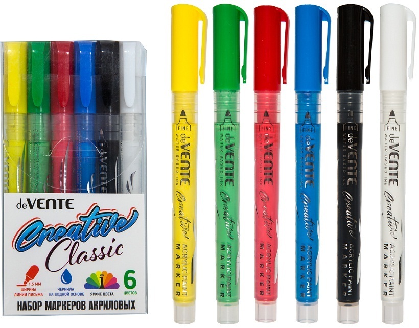 Набор маркеров акриловых deVENTE 6 цв, ширина линии 1,5 мм, 5044302