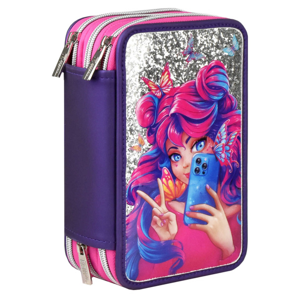 Пенал школьный 3 секции 'Девушка с телефоном', 13х20 , 5х7 см, 63136